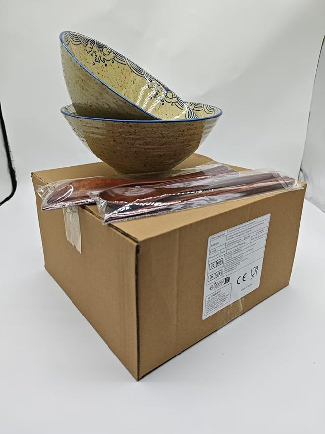 2 x 40 OZ ceramic ramen bowls, 8 IN large Japanese noodle soup bowl, match chopsticks and spoons, suitable for Pho, Udon Asian noodles (Japanese fish 2 set)