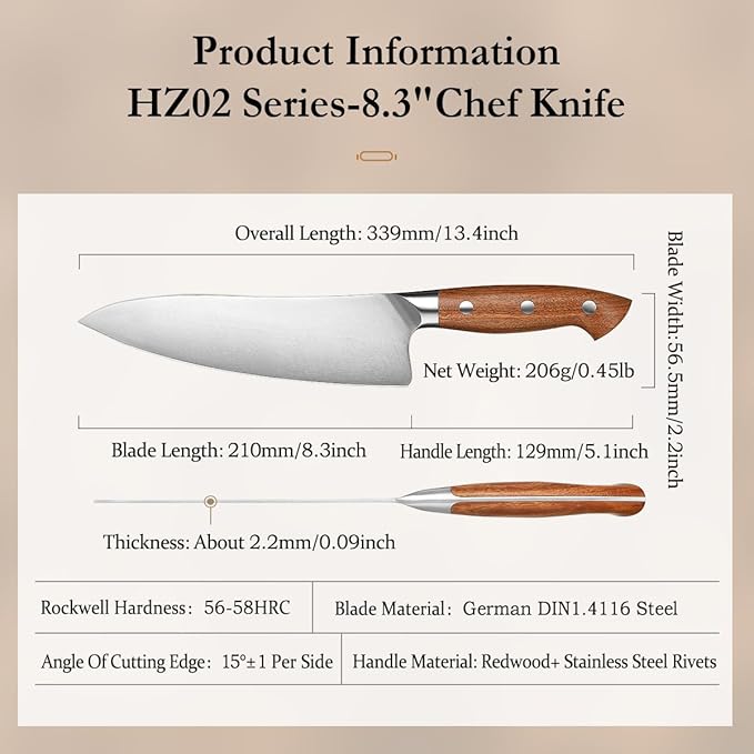 HEZHEN Pro Chefs Knives 8.3 Inch,High Carbon German 1.4116 Steel,Stainless Steel Rivets with Red Wood Handle，Razor Sharp,Super Edge,with Woodern Knife Sheath