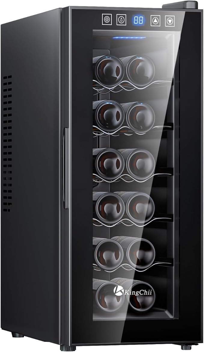 KingChii 12 Bottle Thermoelectric Wine Cooler Refrigerator Advanced Cooling Technology, Stainless Steel & Tempered Glass For Red Wine, Champagne for Home, Kitchen, or Office