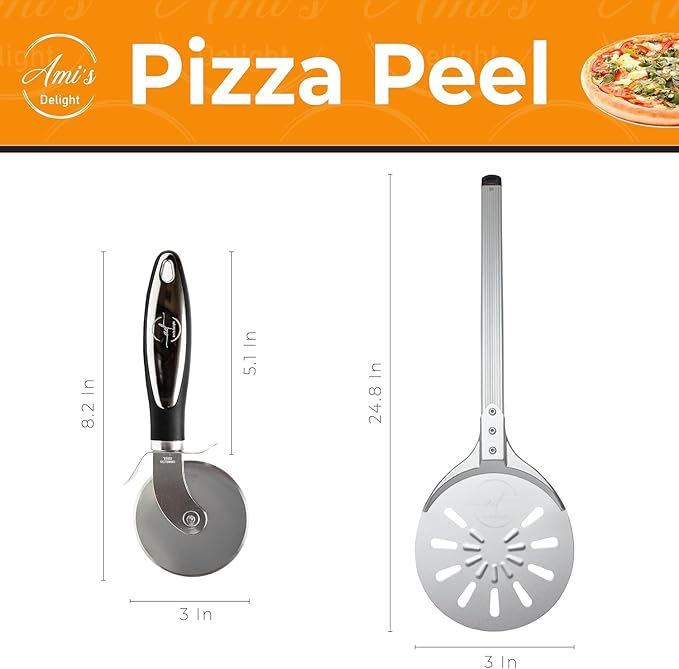 Ami’s Delight 8" Perforated Pizza Turning Peel With Free Pizza Wheel Cutter | Lightweight Aluminum Pizza Peel Turner Spiner with Long Handle | Pizza Oven Accessories