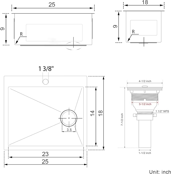 25x18x9 Inch Kitchen Sink, Handmade 304 Black Stainless Steel Single Bowl, Centre-Offset Drain, R10 Tight Corner, Drop in Kitchen Sink with Strainer & Bottom Grid