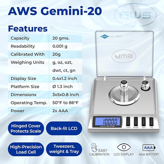 AWS Gemini-20 Milligram Scale 20g x 0.001g–Digital Jewelry/Lab Scale for Powder, Gold, Gems – Includes Calibration Weights, Tweezers & Tray–Tare, Cal, 6 Units (Gemini - 20 - Silver)