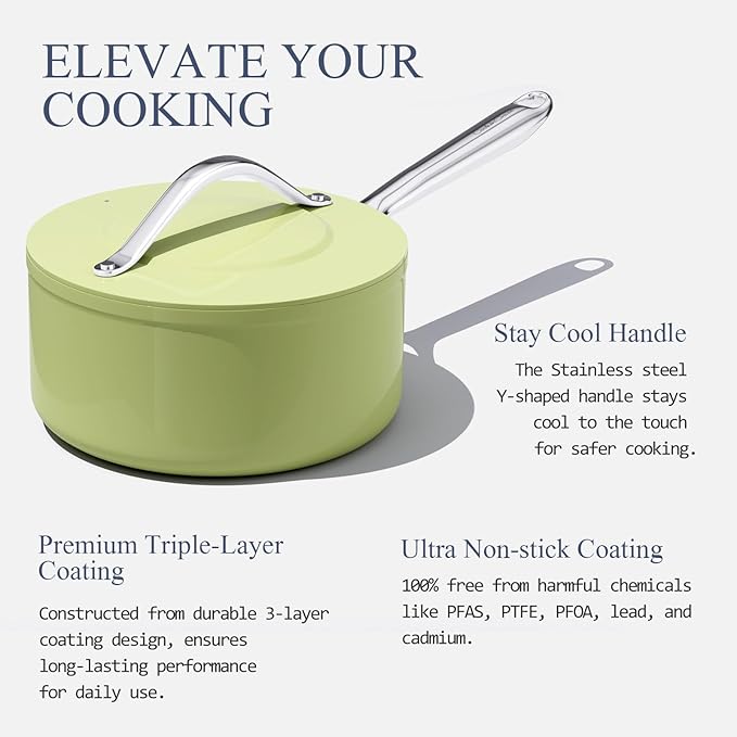 3.5qt Nonstick Ceramic Sauce Pan with Lid (8.19") Even Heat Distribution Non Toxic PFAS Free Healthy Cooking Pot for All Stovetops (Induction/Gas/Electric) Oven Safe 500°F, Olive Green