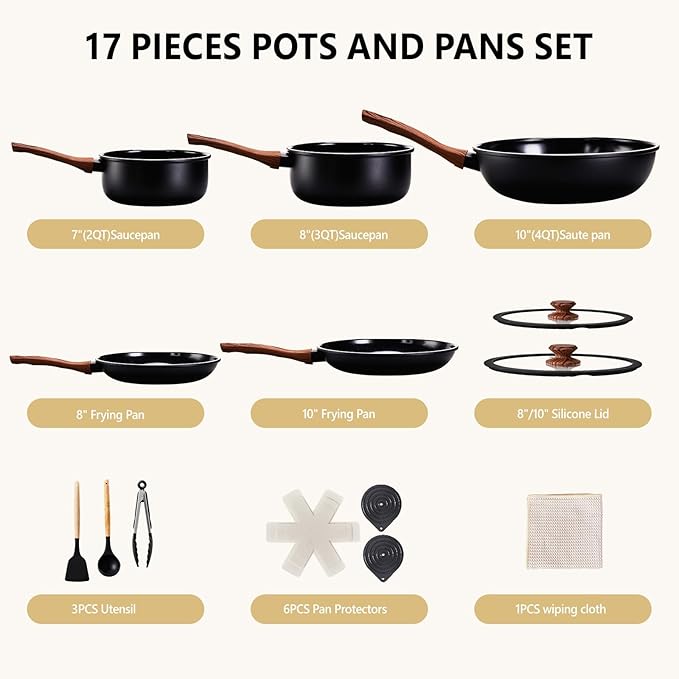 ROVSUN 17 Pcs Nonstick Pots and Pans Set, Cast Aluminum Kitchen Cookware Set, RV Kitchen Cooking Set and Utensils, Dishwasher Safe, PFAS PFOA & PFOS Free, Black