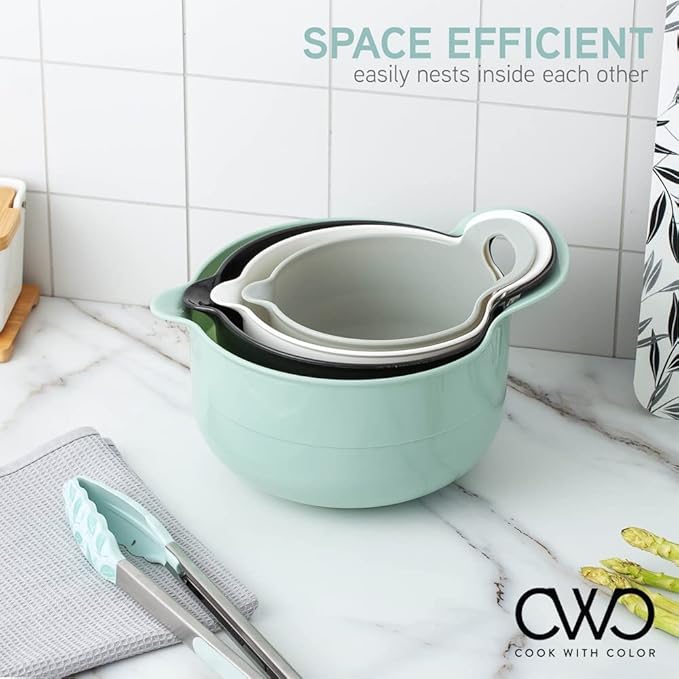 COOK WITH COLOR Nesting Plastic Mixing Bowl Set with Pour Spouts and Handles, Mint, Black and White, 4 Piece