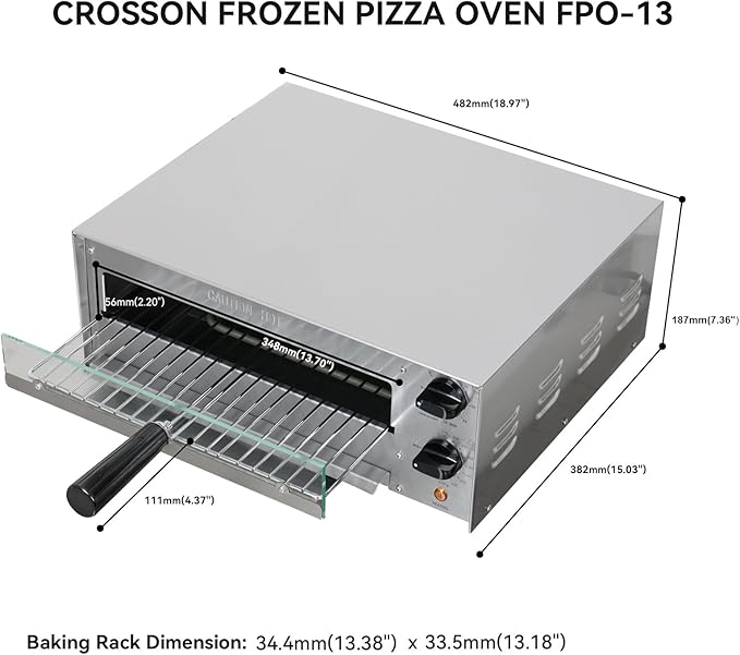 CROSSON Countertop Electric Frozen Pizza Oven For Indoors with 30-minitue Timer,Glass Door and Interior Light,Commercial Pizza Maker for Restaurant and Home Use,120V/1550W (13 Inch)