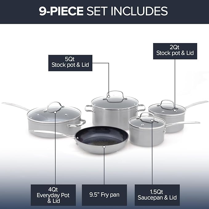 Nuwave Healthy Duralon Blue Ceramic Nonstick Coated 9pc Cookware Set, Scratch-Resistant Diamond Infused, PFAS Free, Induction Ready & Evenly Heats, Oven Safe, Tempered Glass Lids