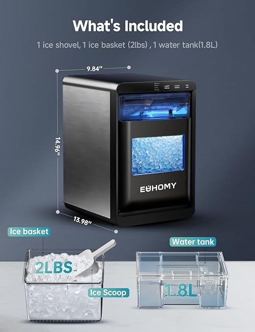 EUHOMY Nugget Ice Maker Countertop, 44Lbs/24H Pebble Ice Maker Machine, Self-Cleaning Pellet Ice Machine with Ice Scoop&Basket, Sonic Countertop Ice Machine for Home/Kitchen/Office(Black)