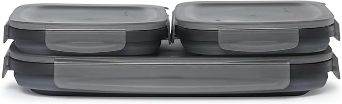 Drip EZ Secondz Collapsible Food Storage Containers (set of 3) - Meal Prep, Leftovers, Lunch, Camping, Hiking - Dishwasher & Microwave Safe - BPA-free Silicone - Locking Lids - Charcoal