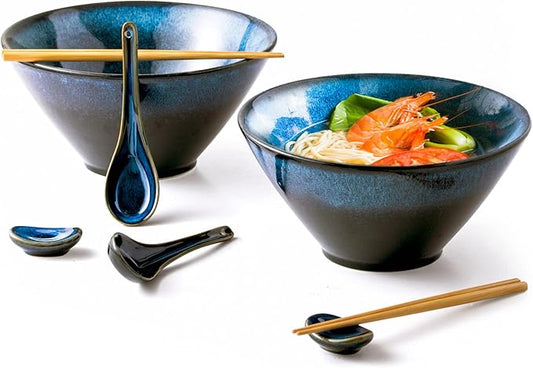 Large Salad Soup Ramen Serving Bowls, 71 OZ Ceramic Japanese Ramen Noodle Bowls with Chopsticks, Spoons and Rests - Super Big Bowl Sets for Udon, Pho, Pasta, Cereal, Set of 2 - Reactive Blue
