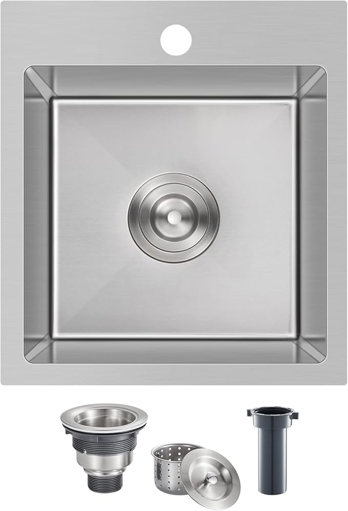 15 inch Bar Sink, KINKIB Drop in Topmount Bar Sink or Prep Kitchen Sink, Handmade Single Bowl T-304 Stainless Steel Small Overmount Kitchen Sink with Basket Strainer