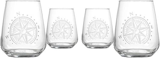 Rolf Glass Compass Star Stemless Wine Glass | 15.75 Ounce Stemless Tumblers | Set of 4 | Nautical Themed Glassware | Stylish Drinkware for Wine Lovers