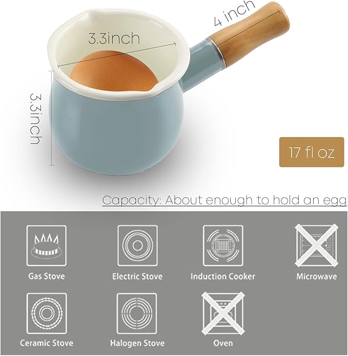 0.6qt Mini Enamel Milk Pot Insulated Wooden Handle 2 Pour Spouts Small Food Warmer Cute Saucepan (D015,Mint Green)