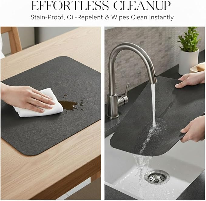 ICEDOG 12"x17" Waterproof PU Placemats - Faux Leather Heat-Resistant & Reversible Table Mats | Oil-Proof, Non-Slip for Kitchen, Dining, Outdoor BBQ (6, Black)