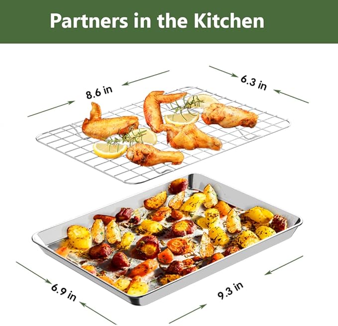 ROTTAY Small Baking Sheet Pan with Wire Rack Set [2 Pans + 2 Racks], 1/8 Stainless Steel Cookie Sheets for Oven, Warp Resistant & Heavy Duty & Rust Free, Size 9 x 7 x 1 Inches