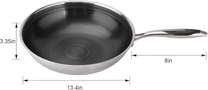 Hybrid Non Stick Wok, 13 inch Frying Pans Nonstick, Stainless Steel woks, PFOA Free Cookware, Dishwasher and Oven Safe, Induction Compatible