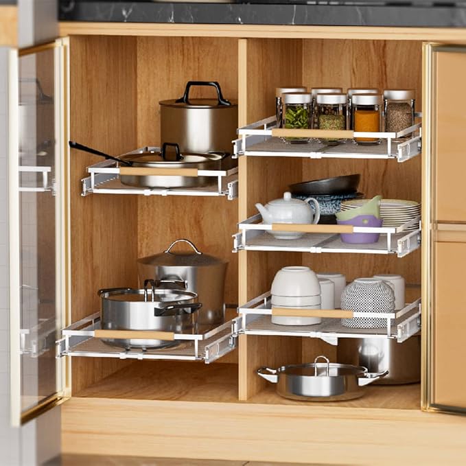 Expandable Pull Out Cabinet Drawer, Slide Out Shelves Heavy Duty Metal, Kitchen Pantry Under Sink Storage Roll Out Drawer for Pots, Pans, 22.4''Deep(3 Pack)