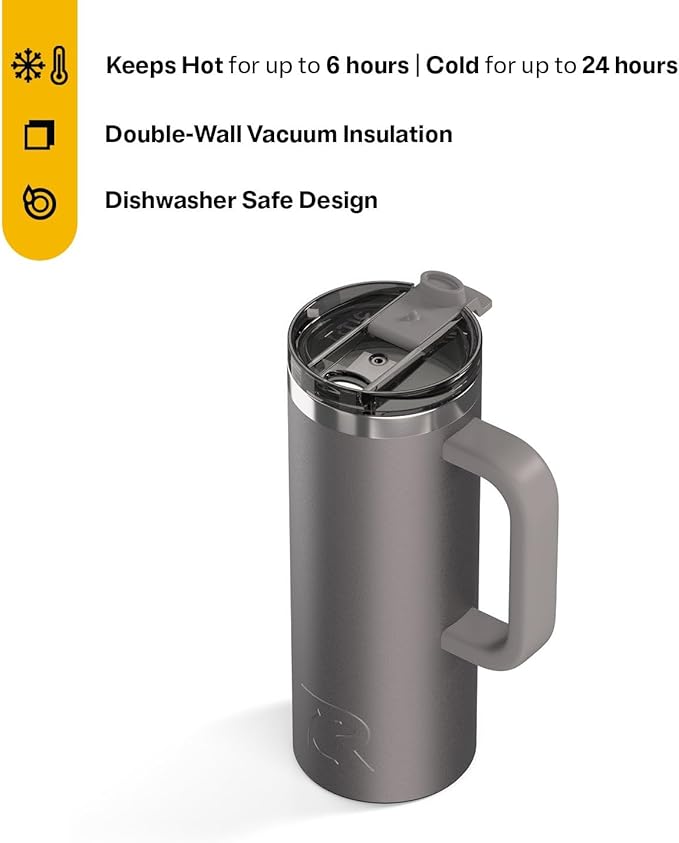 RTIC 20oz Road Trip Travel Mug with Lid and Handle, Ceramic Lined, Insulated, Stainless Steel, Metal, Double Wall Vacuum-Insulation, Portable Coffee, Tea Cup for Hot and Cold Drink, Graphite