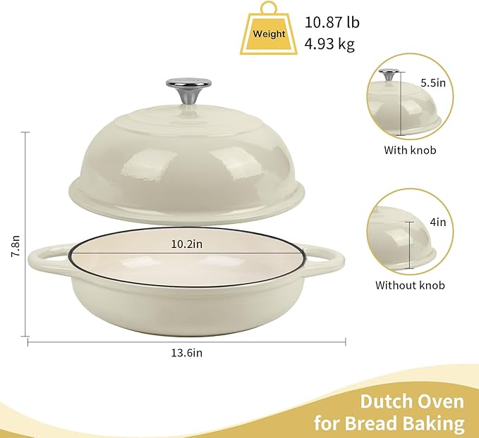 Dutch Oven for Bread Baking, 5.4 Quart Dutch Enameled Cast Iron Bread Oven, Dutch Oven for Sourdough Bread Baking, Oven Safe up to 500° F, 25 cm White