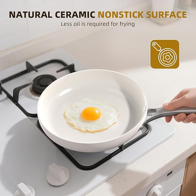 15 Pcs Pots and Pans Set Non Stick, Ceramic Cookware Set with Steamer, Non-Toxic Kitchen Cooking Set with Stay-Cool Ergonomic Handles, Oven & Dishwasher Safe, PFOS & PFOA Free (Cream White)