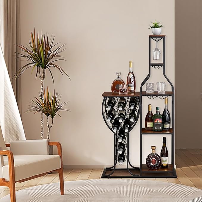 5-Tier Wine Rack Freestanding Floor, 11 Bottles Modern Wooden Wine Holder-Storage Cabinet for Home Bar, Kitchen, Dining Room Space Saving Bar Stand with Easy Assembly.(Brown)