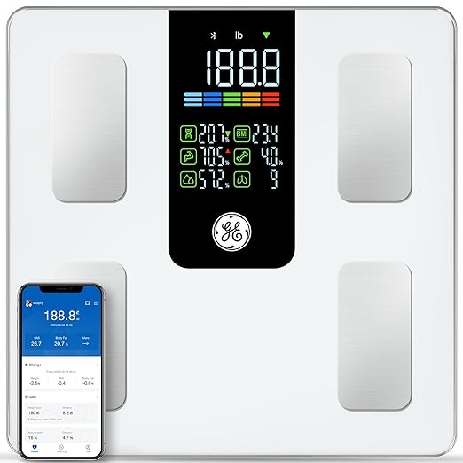 GE Smart Scale for Body Weight, BMI, Body Fat, Muscle Mass, Digital Bathroom Scales Bluetooth Body Composition Monitor Large Platform Accurate Weighing Health Analyzer with App 500lbs, White