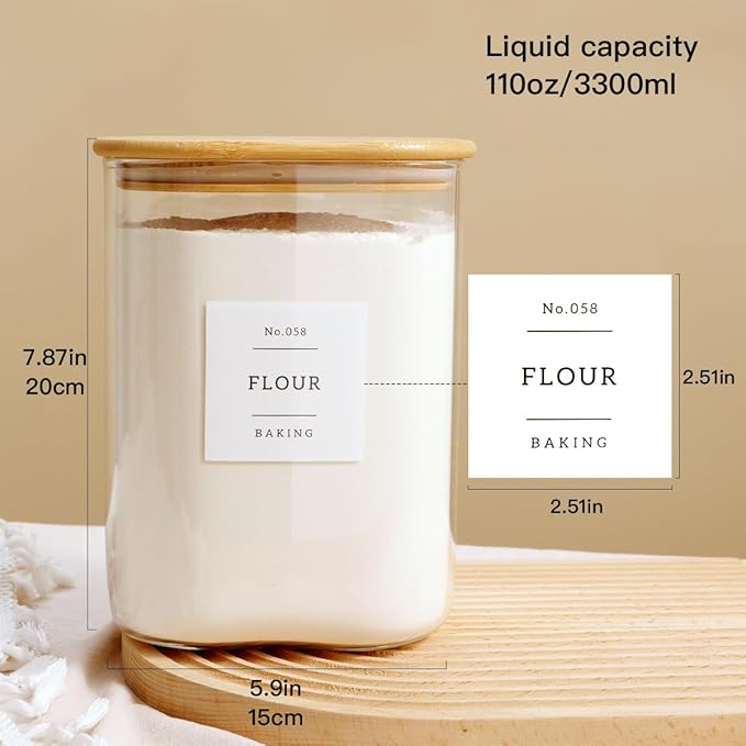 Large glass flour and sugar containers with 132 Kitchen Pantry Labels - 110 oz Glass Food Storage Containers with Airtight Lids - Square Glass Jars with Bamboo Lids for Rice, Pasta, Cookies, grain