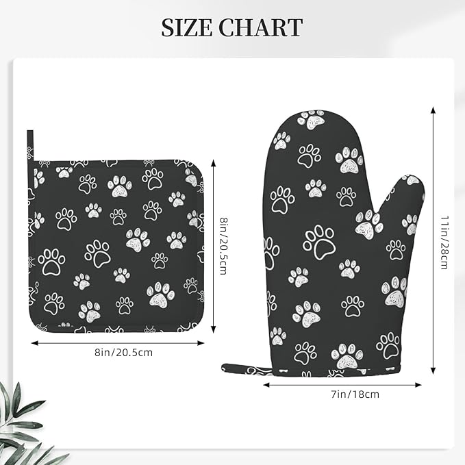 Dog Paw Print Oven Mitts and Pot Holders Set of 4 Silicone Black White Dog Paw Print Kitchen Mitten Gloves and Non-Slip Potholders Set Heat Resistant Oven Gloves Hot Holders for Kitchen