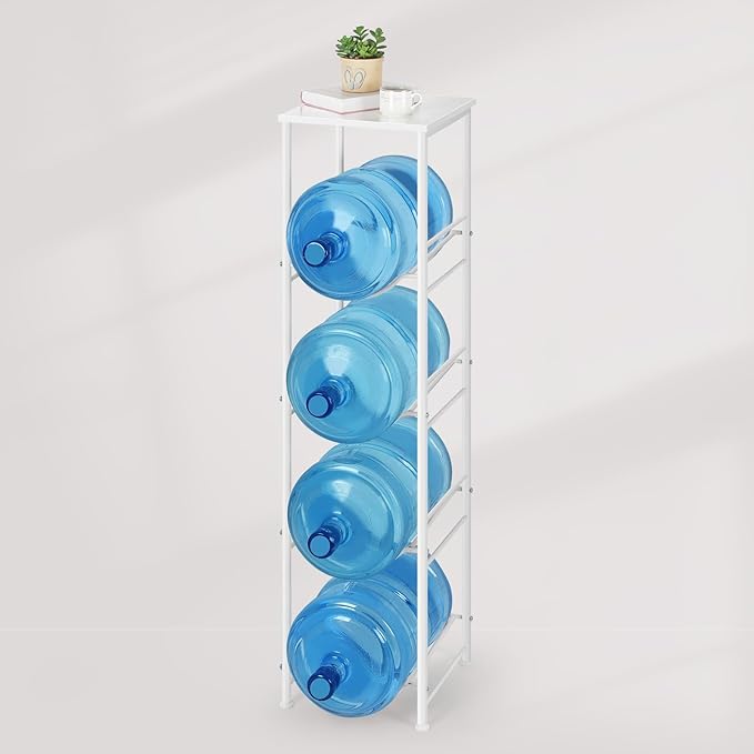 Vrisa 5 Gallon Water Jug Holder with Storage Shelf Water Bottle Holder Organizer 4 Tier 3/5 Gallon Water Jug Stand Rack Heavy Duty Water Dispenser Rack for Home Office Kitchen, White