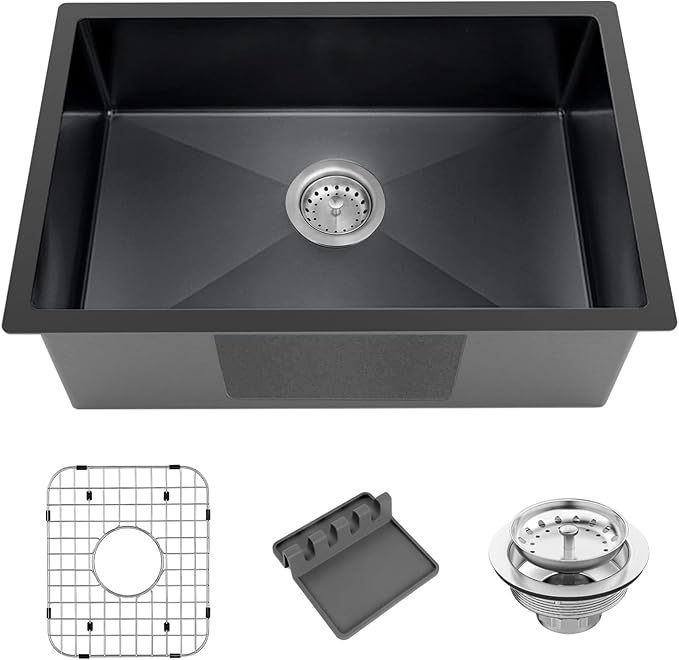 Black Kitchen Sink, Undermount Stainless Steel Bar Sink 27x18x9 Inch Drop In Single Bowl Kitchen Sink With Accessories-Sink Grid,Spoon Rest,Drain Assembly Set For Modern Kitchen Sink