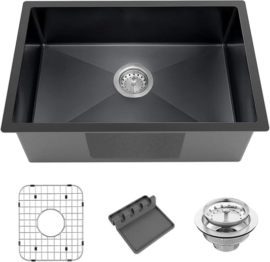 Black Kitchen Sink, Undermount Stainless Steel Bar Sink 27x18x9 Inch Drop In Single Bowl Kitchen Sink With Accessories-Sink Grid,Spoon Rest,Drain Assembly Set For Modern Kitchen Sink