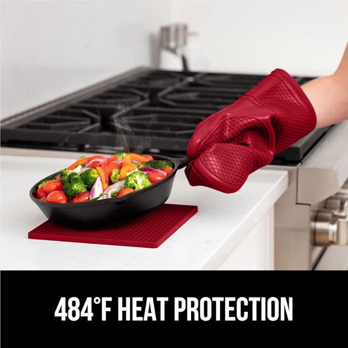 GORILLA GRIP BPA-Free Soft Silicone Oven Mitts and Pot Holders Sets of 4, Heat Resistant Waterproof Cooking Gloves, Thick Cotton Lining, Flexible Gripping for Baking Grilling, Kitchen Trivets, Red
