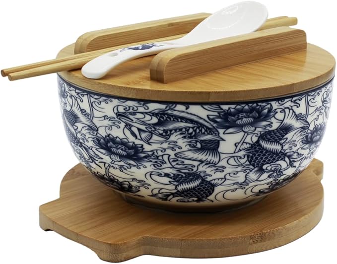 XWORLD Japanese Ceramic Ramen Noodle Bowls Set with Ceramic Spoon, Bamboo Chopsticks, Lid & Trivet, Serving Capacity of 33.8 OZ, Microwavable Oven Safety (3.3” x 6.6” D) (Blue Fish)