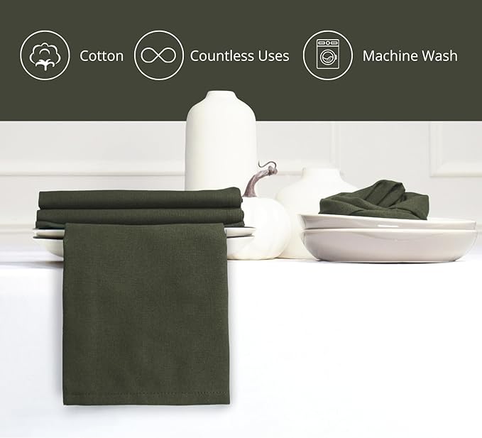 PurpleEssences Set of 12 Cloth Dinner Napkins 100% Cotton 18x18 Inch - Soft Durable Washable - Ideal for Farmhouse Party Christmas Holiday Winter - Perfect Everyday Use Table Linen - Olive Green