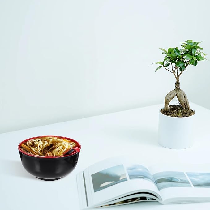 Practical Melamine Ramen Bowls with Spoons Black Red Soup and Rice Bowls Non-absorbent Asian Noodle Dinnerware for Hot Food Easy to Clean Kitchen Container Kit