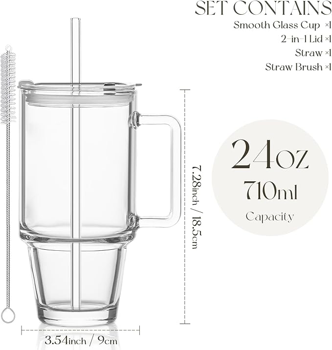 KEMORELA 24 Oz Ribbed Glass Tumblers with Lids and Straws, Tumbler Cup with Handle, Iced Coffee Glassware, Clear Reusable Drinkware for Smoothies and Beverages (1)