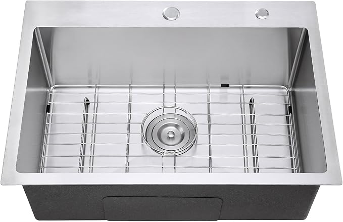 27x18 Inch Drop in Kitchen Sink, 18 Gauge Stainless Steel Handmade Single Bowl Kitchen Sink 9'' Deep Basin Bowl with Grid, Brushed