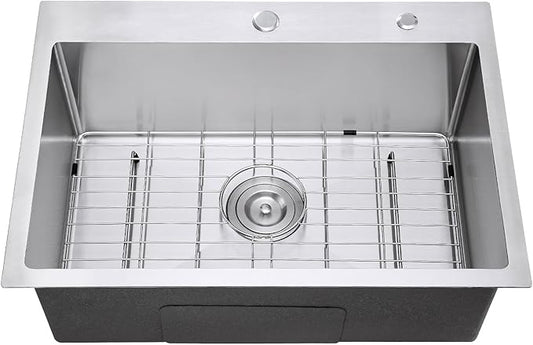 Brushed 25 Inch Drop in Kitchen Sink, 18 Gauge Stainless Steel Single Bowl Kitchen Sink with 2 Faucet Holes, 9'' Deep Basin Bowl with Grid, D25" x W18" x H9"
