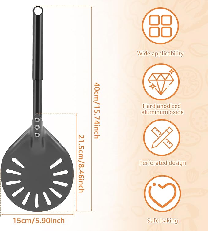 Pizza Turning Peel with Long Handle Aluminum Pizza Peel Spinner Perforated Pizza Turner Spinner Non-Stick Pizza Paddle 15.7×5.9×8.46 Inch Scratch Resistant Pizza Peel Paddle for Home Oven (1, Black)
