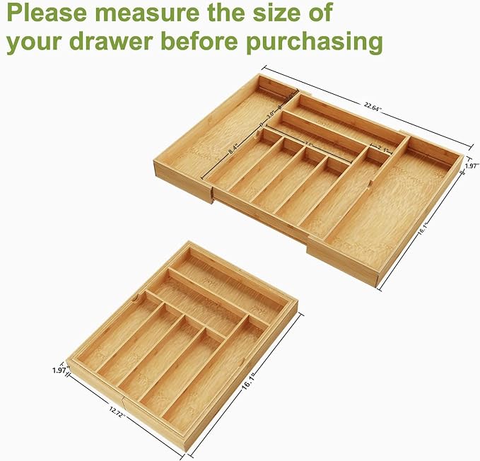 BAMEOS drawer organizer flatware organizer cutlery tray silverware organizer expandable adjustable bamboo drawer organizer kitchen bathroom