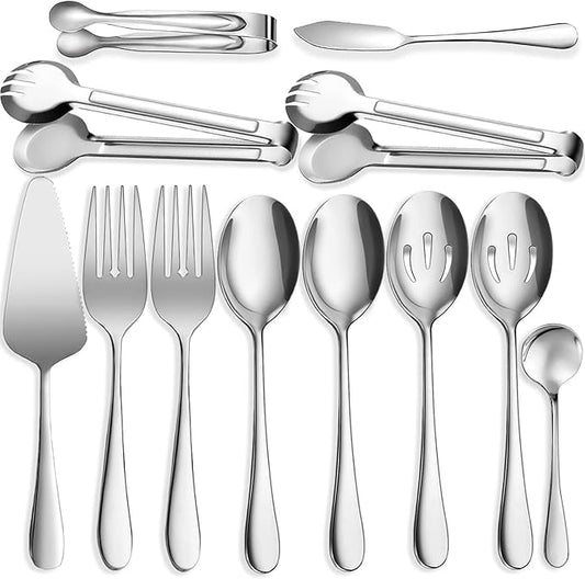 12 PCS Stainless Steel Serving Utensils, Large Spoons Slotted Spoons Forks Tongs, Ice Suger Tongs, Pie Server, Butter Knife, Coffee Spoons, Great for Buffet Catering Banquet Party, Silver