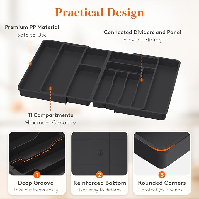 Lifewit Large Silverware Drawer Organizer, Plastic Cooking Utensil Tray for Kitchen, Expandable From 21 to 36 Inches, Adjustable Flatware Cutlery Spoon Fork Knife Spatula Gadgets Holder, Black