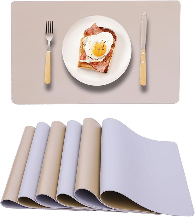 PU Placemats Set of 6 Reversible,Waterproof Faux Leather Placemat for Dining Table,Wipeable Table Mats Heat Resistant Anti Slip Washable,Modern Table Protectors(Gold and Grey)