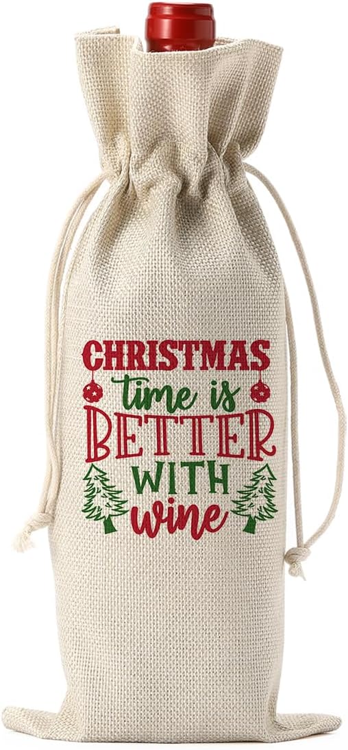 FBCCZEY Christmas Wine Bag Merry Christmas Wine Bottle Gift Bags With Drawstring Xmas Party Decorations Gifts for New Year Holiday Wedding Parties Time Is Better With Wine Bottle Wraps Bags