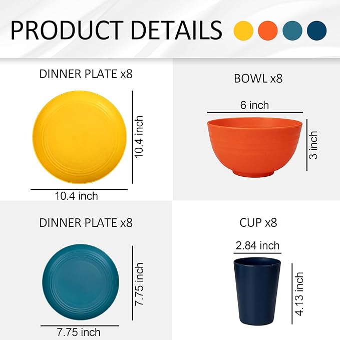 Supernal 32pcs Wheat Straw Dinnerware Sets,Plastic Plates and Bowls Sets for 8 Unbreakable Plates and Bowls Sets Dishwasher Safe Microwave Safe Fun Colors Perfect for Cooking Family Camping Picnics