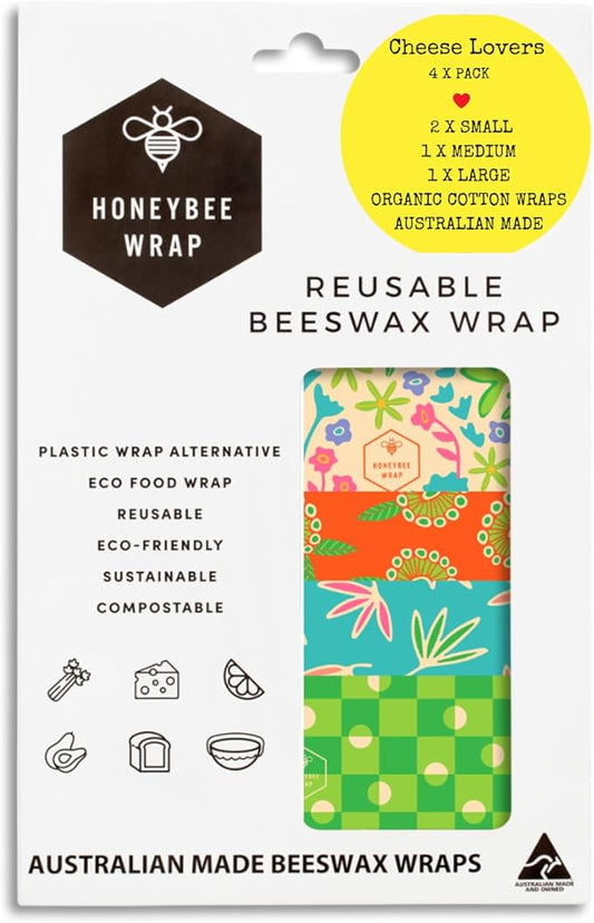Honeybee Beeswax Wraps - Cheese Lovers Assorted Pack - Certified Organic Cotton Reusable Beeswax Wraps for Food - Plastic Wrap & Sandwich Bags Alternative - 4 Pack - Small, Medium & Large