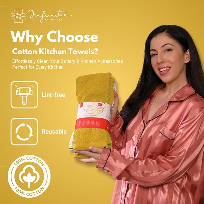 Infinitee Xclusives 100% Cotton Kitchen Towels - 15x25 Inch Ultra Soft Tea Towels, Super Absorbent Terry Dish Towel for Kitchen Linens |Radiant Yellow|