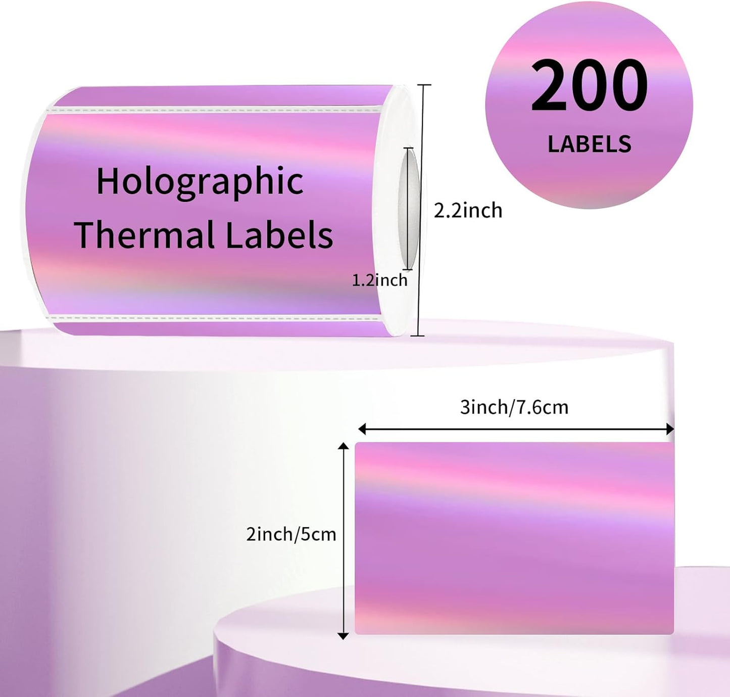 3x2 Inch Holographic Thermal Labels, Pink Thermal Sticker Labels, Rainbow Glitter Stickers for Price, Barcode, Mailing, Name, DIY Custom Logo Design, 200 Pcs/1 Roll