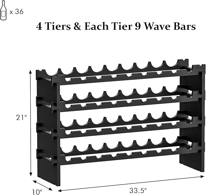 Bambloom Wine Rack Freestanding Floor, Wooden Stackable Bottle Storage Rack for Kitchen,Cellar. 36 Bottles Wine Holder Display Shelves for Champagne(Black)