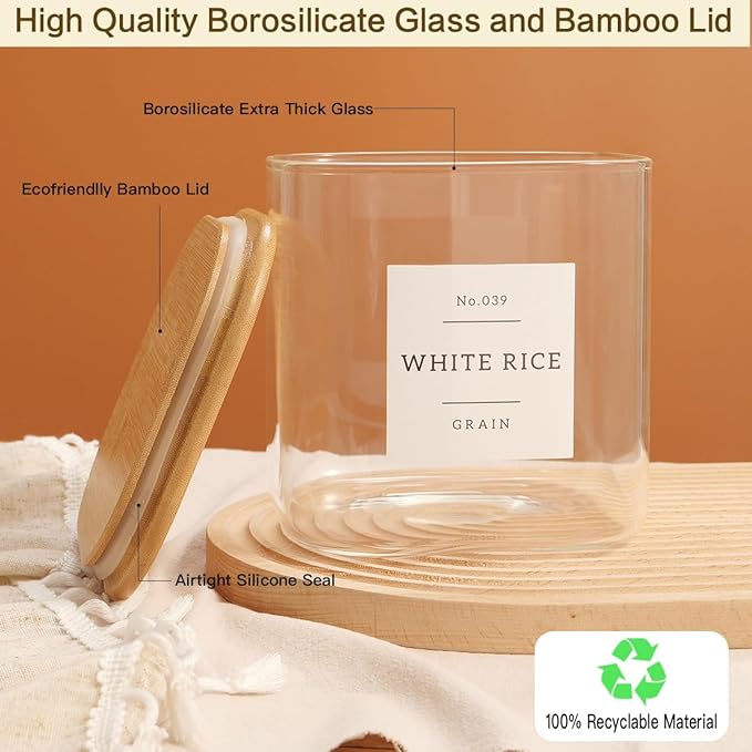 Large Glass Flour and Sugar Containers with 42 Kitchen Pantry Labels - 85 Oz Glass Food Storage Containers with Airtight Lids - Square Glass Jars with Bamboo Lids for Rice, Pasta, Cookies